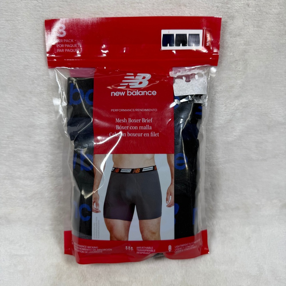 New Balance Mens 3-Pack Mesh Performance Boxer Briefs Navy Black Grey NB3015-3 M